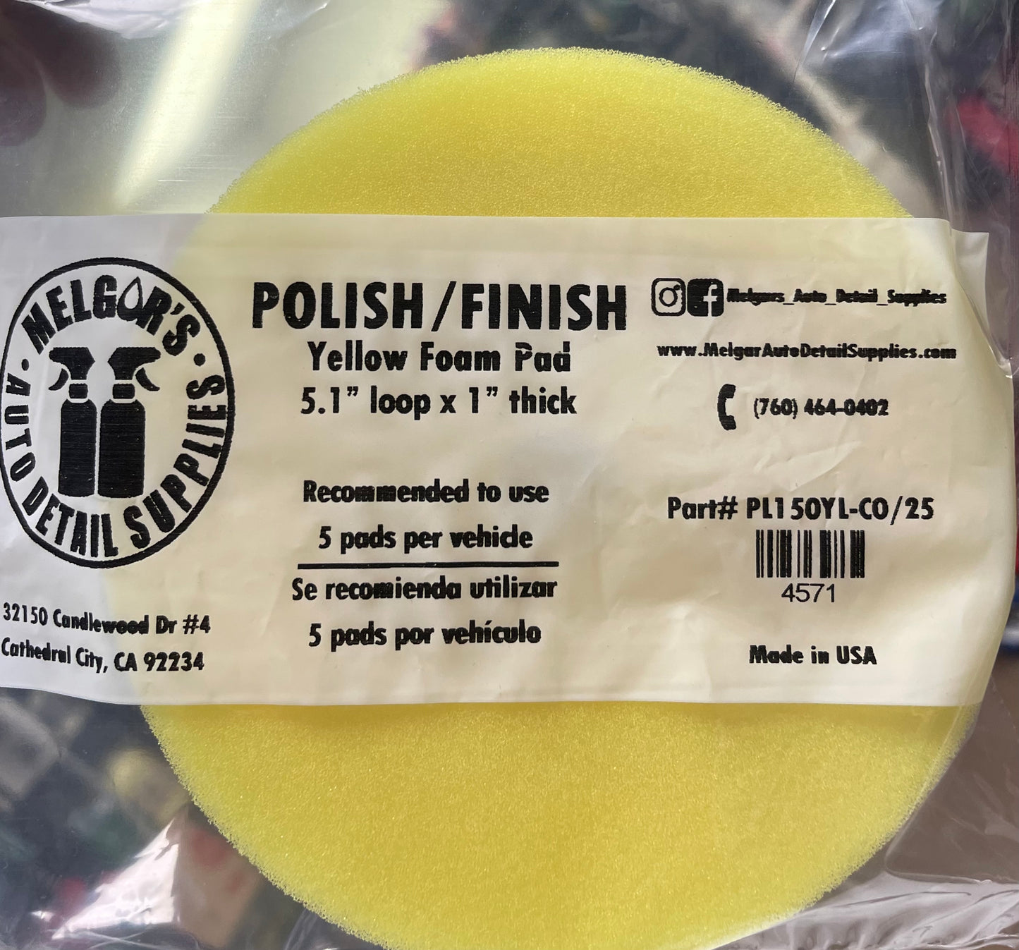 POLISH / FINISH Yellow Foam Pad 5.1” loop x 1” thick